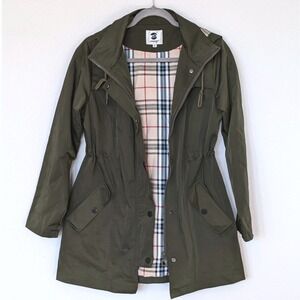 Saphirose Long Anorak Jacket Plaid Lined‎ Olive Green Size S